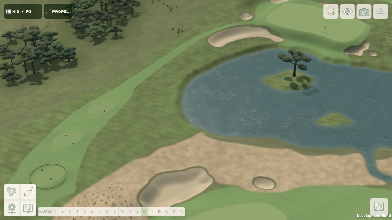 An actual coastal review hole with bunkers, fairway, a pond and planted pines.