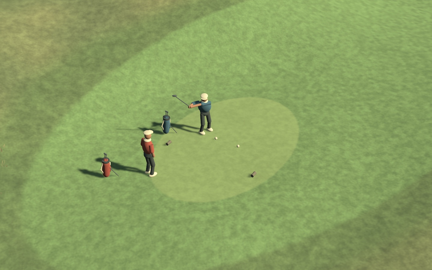 A golfer finishes a shot while a partner waits nearby.